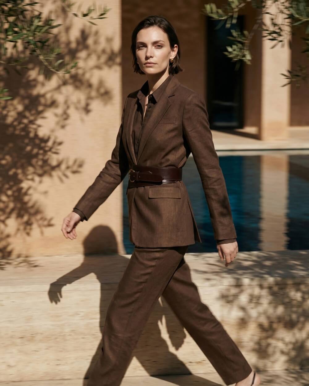 Tailored Brown Suit with Belted Waist Tailored Brown Suit with Belted Waist — Rich Outfits