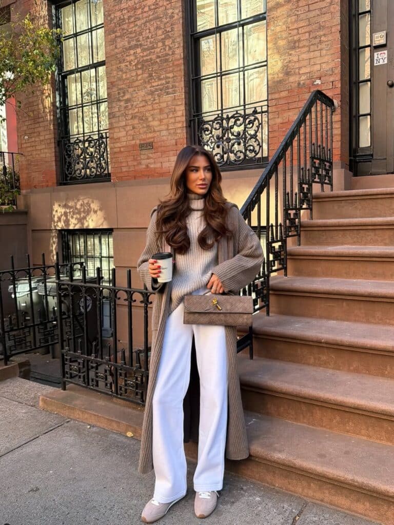 Long Knit Cardigan Over Gray Turtleneck and White Trousers Long Knit Cardigan Over Gray Turtleneck and White Trousers — Rich Outfits