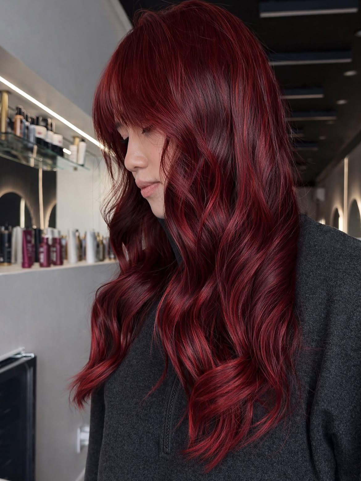 Rich Winter Red Waves With Full Bangs