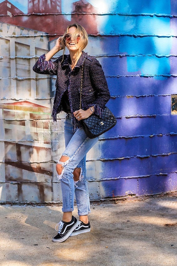 Ripped jeans with black top and multicolor tweed jacket Ripped jeans with black top and multicolor tweed jacket — Ripped Jeans Outfits