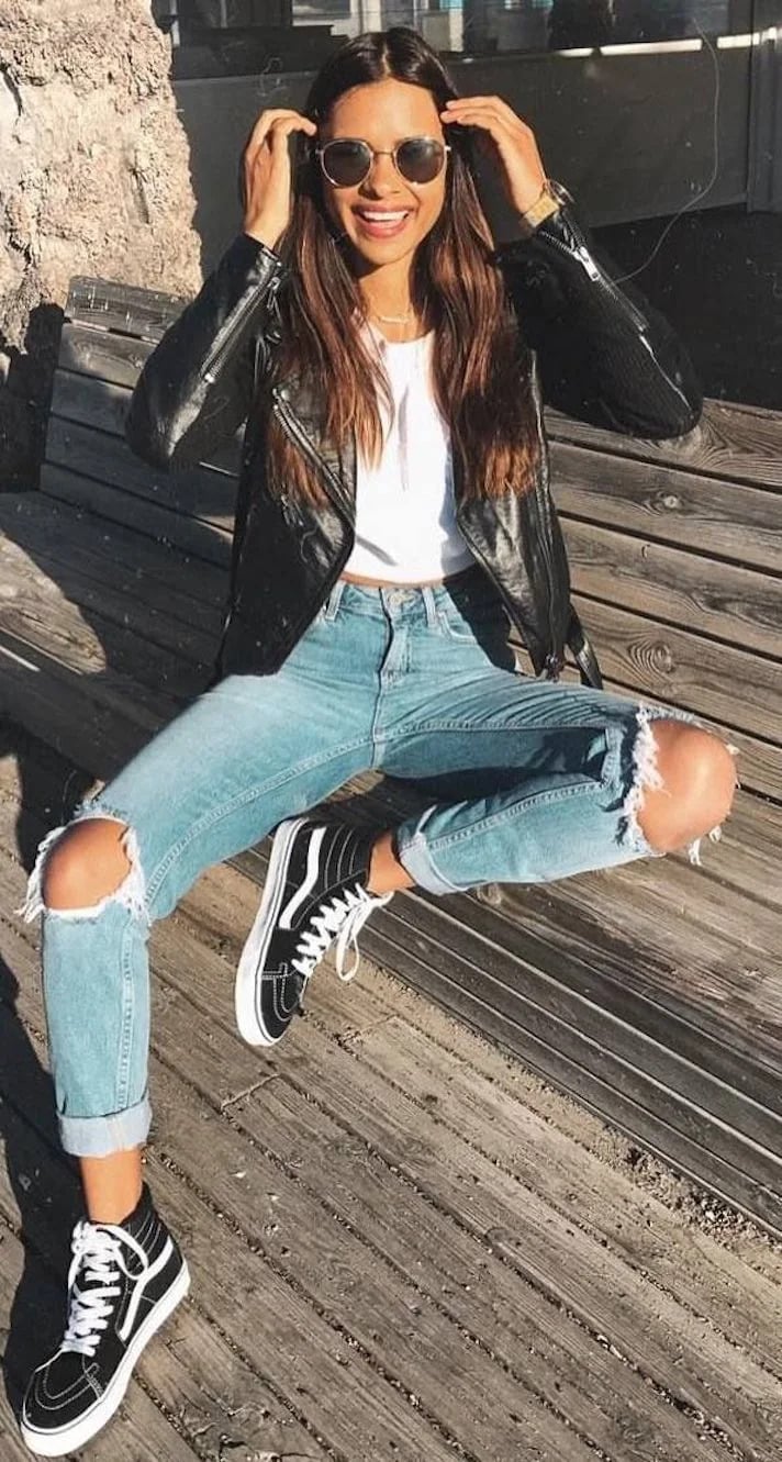 Light-wash ripped jeans with leather jacket and high-tops Light-wash ripped jeans with leather jacket and high-tops — Ripped Jeans Outfits