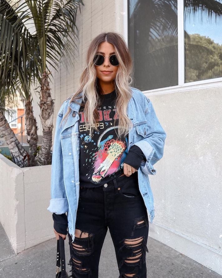 Heavily ripped black straight leg jeans with denim jacket Heavily ripped black straight leg jeans with denim jacket — Ripped Jeans Outfits