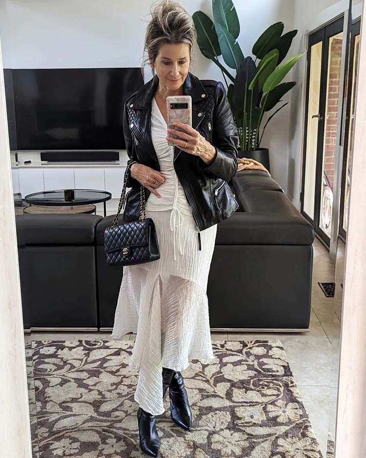 Sophisticated rock-chic with leather jacket and midi dress Sophisticated rock-chic with leather jacket and midi dress — Rock Outfits