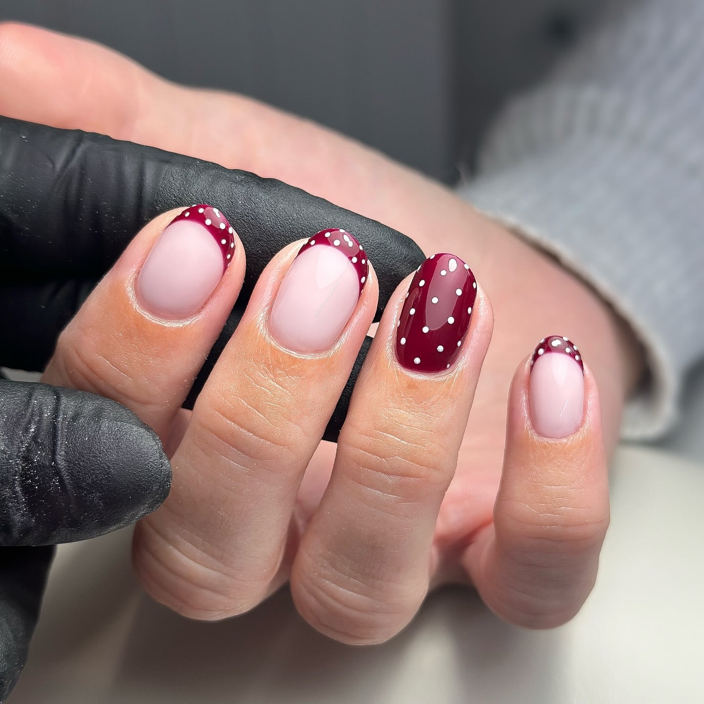 Burgundy White Polka Dot French Short Round Nails Burgundy White Polka Dot French Short Round Nails