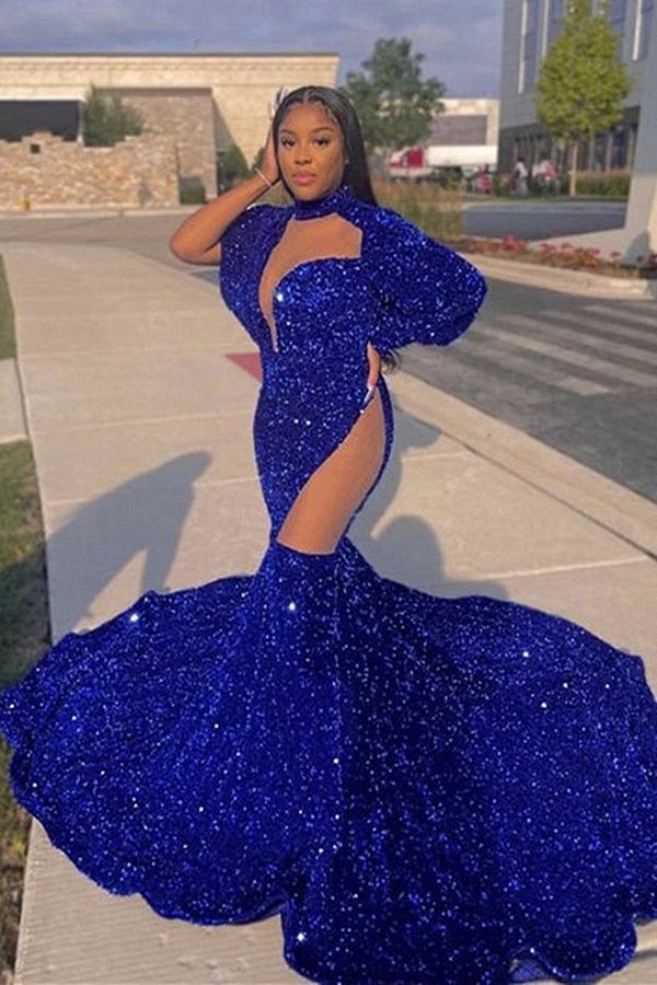 Royal blue sequined mermaid gown with high slit Royal blue sequined mermaid gown with high slit — Royal Blue Dress