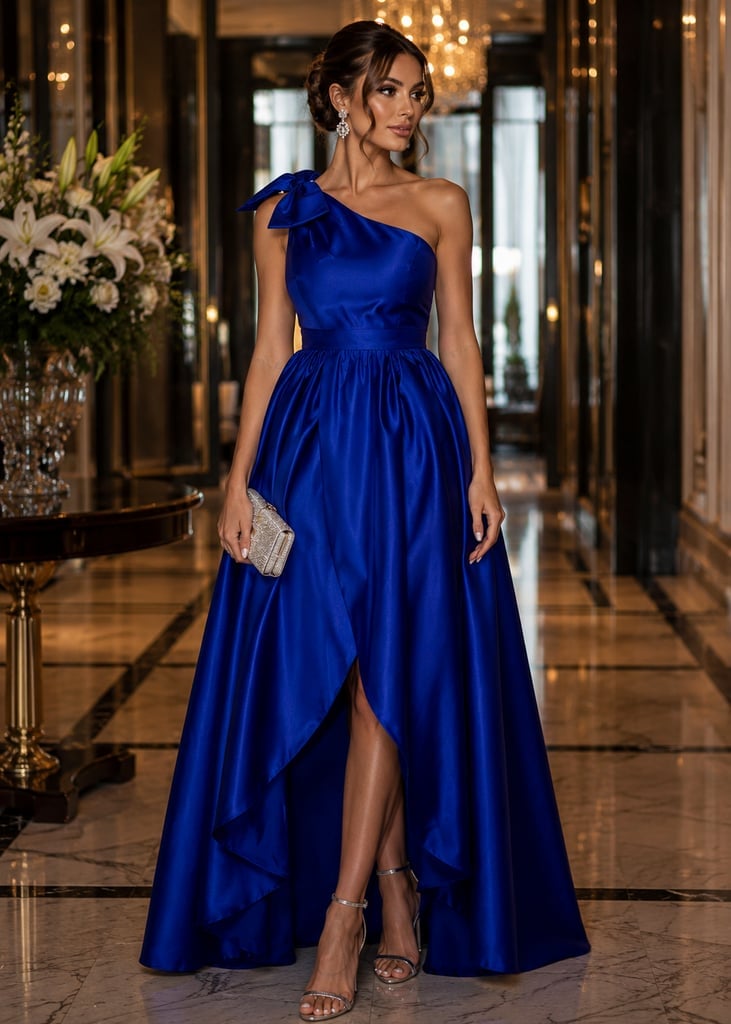 One-shoulder royal blue satin gown with bow detail One-shoulder royal blue satin gown with bow detail — Royal Blue Dress