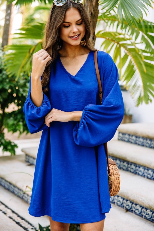 Royal blue textured a-line mini dress with bubble, Close-Up Take Royal blue textured a-line mini dress with bubble, Close-Up Take — Royal Blue Dress