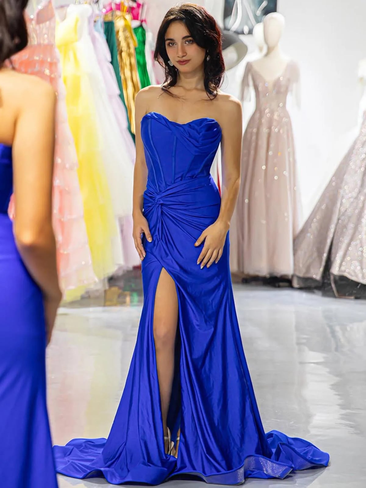 Royal blue satin strapless gown with draped bodice, Gold Strappy Heels Royal blue satin strapless gown with draped bodice, Gold Strappy Heels — Royal Blue Dress