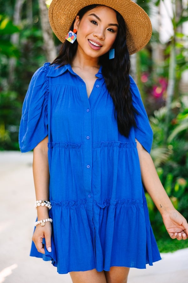 Royal blue linen blend babydoll dress with puff sleeves, Close-Up Take Royal blue linen blend babydoll dress with puff sleeves, Close-Up Take — Royal Blue Dress