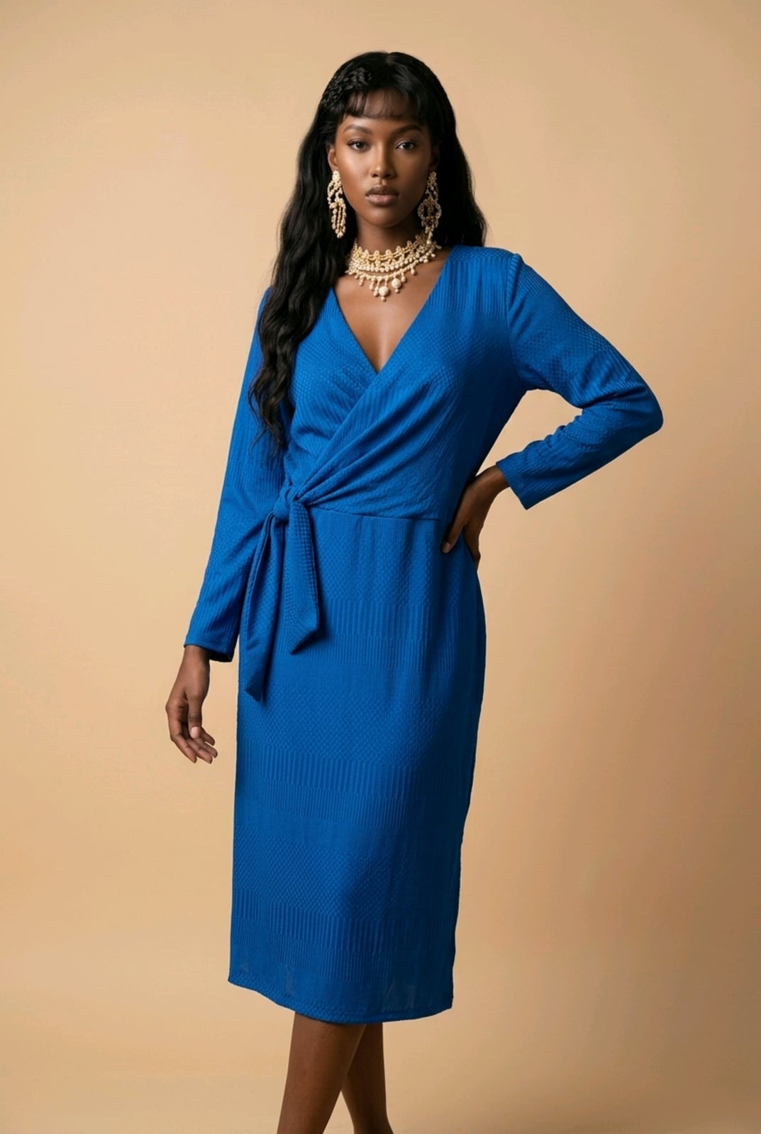 Royal blue textured wrap midi dress with tie waist Royal blue textured wrap midi dress with tie waist — Royal Blue Dress