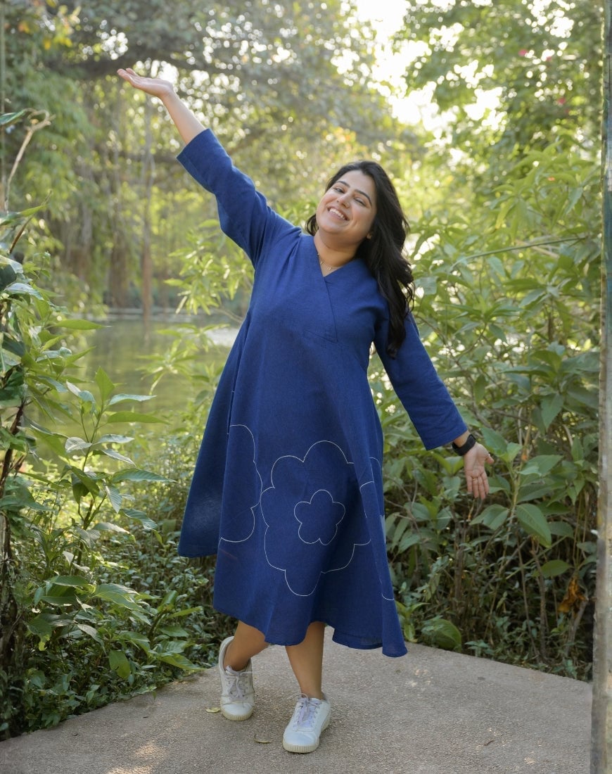 Royal blue cotton midi dress with cream floral embroidery Royal blue cotton midi dress with cream floral embroidery — Royal Blue Dress
