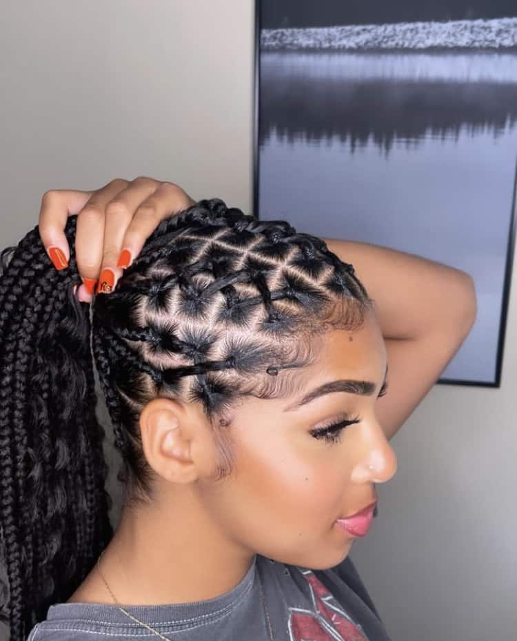 Geometric Braided Ponytail Mid-Back Length Geometric Braided Ponytail Mid-Back Length — Rubber Bands Hairstyles