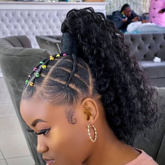 Cornrows With Curly Extensions and Beads Cornrows With Curly Extensions and Beads — Rubber Bands Hairstyles