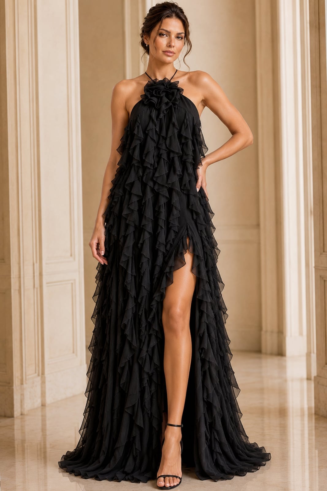 Dramatic Black Halter Gown with Cascading Ruffle Skirt Dramatic Black Halter Gown with Cascading Ruffle Skirt — Ruffle Dresses