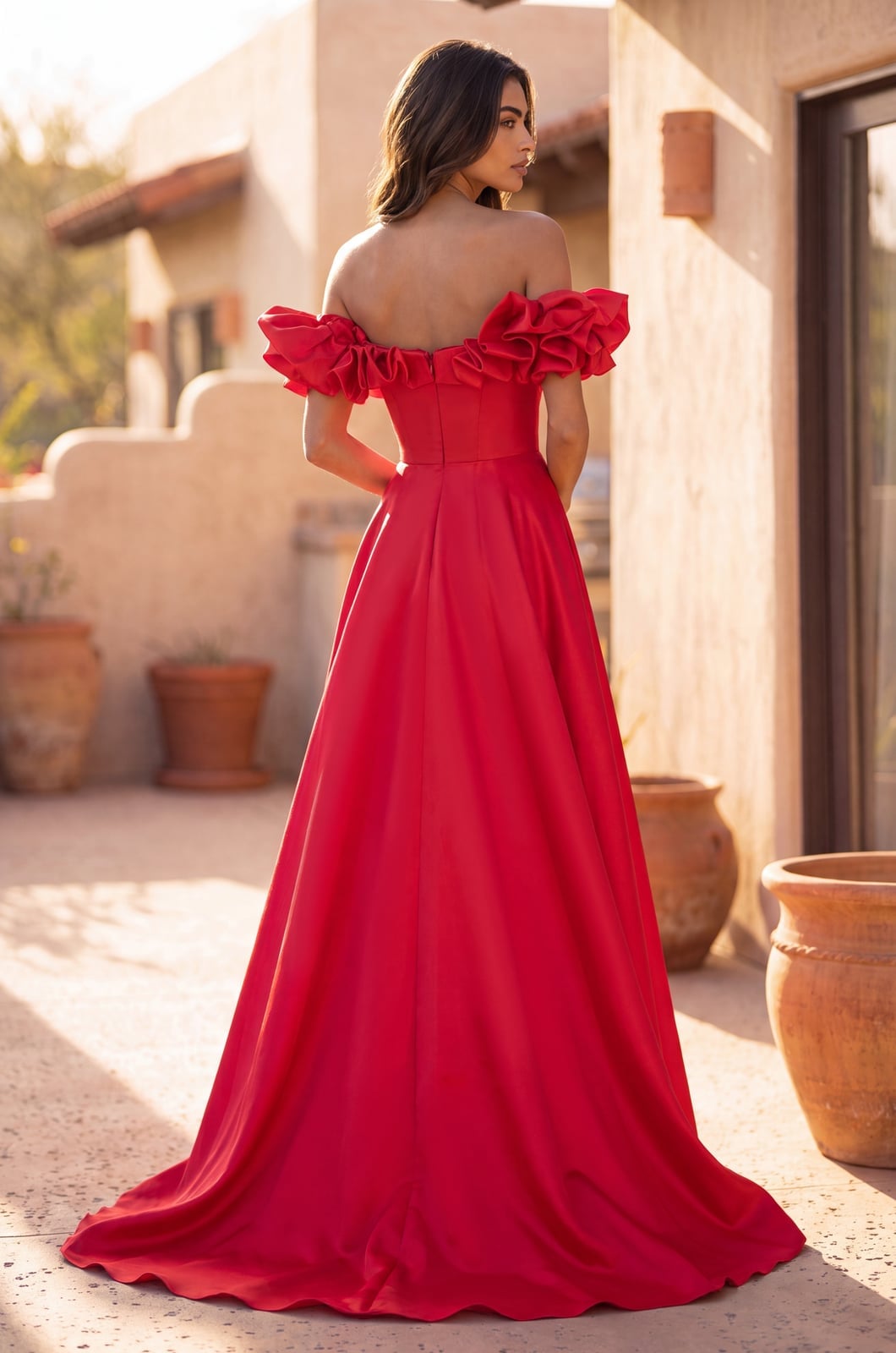 Red Satin Ball Gown with Off-Shoulder Ruffled Neckline Red Satin Ball Gown with Off-Shoulder Ruffled Neckline — Ruffle Dresses