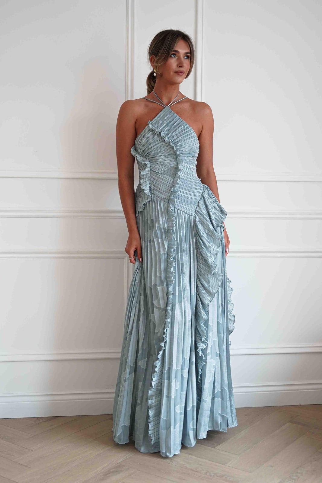 Light Blue and Gray Pleated Maxi Dress, Office-Safe Version Light Blue and Gray Pleated Maxi Dress, Office-Safe Version — Ruffle Dresses