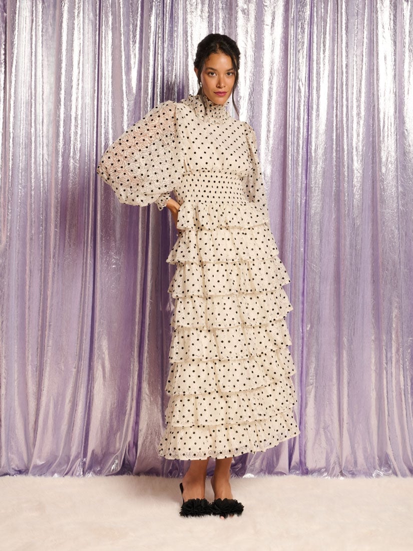 Cream Polka Dot Tiered Dress with Smocked Waist Cream Polka Dot Tiered Dress with Smocked Waist — Ruffle Dresses