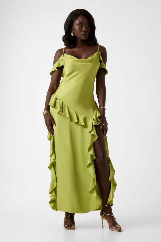 Lime Green Satin Maxi Dress with Ruffled High Slit Lime Green Satin Maxi Dress with Ruffled High Slit — Ruffle Dresses