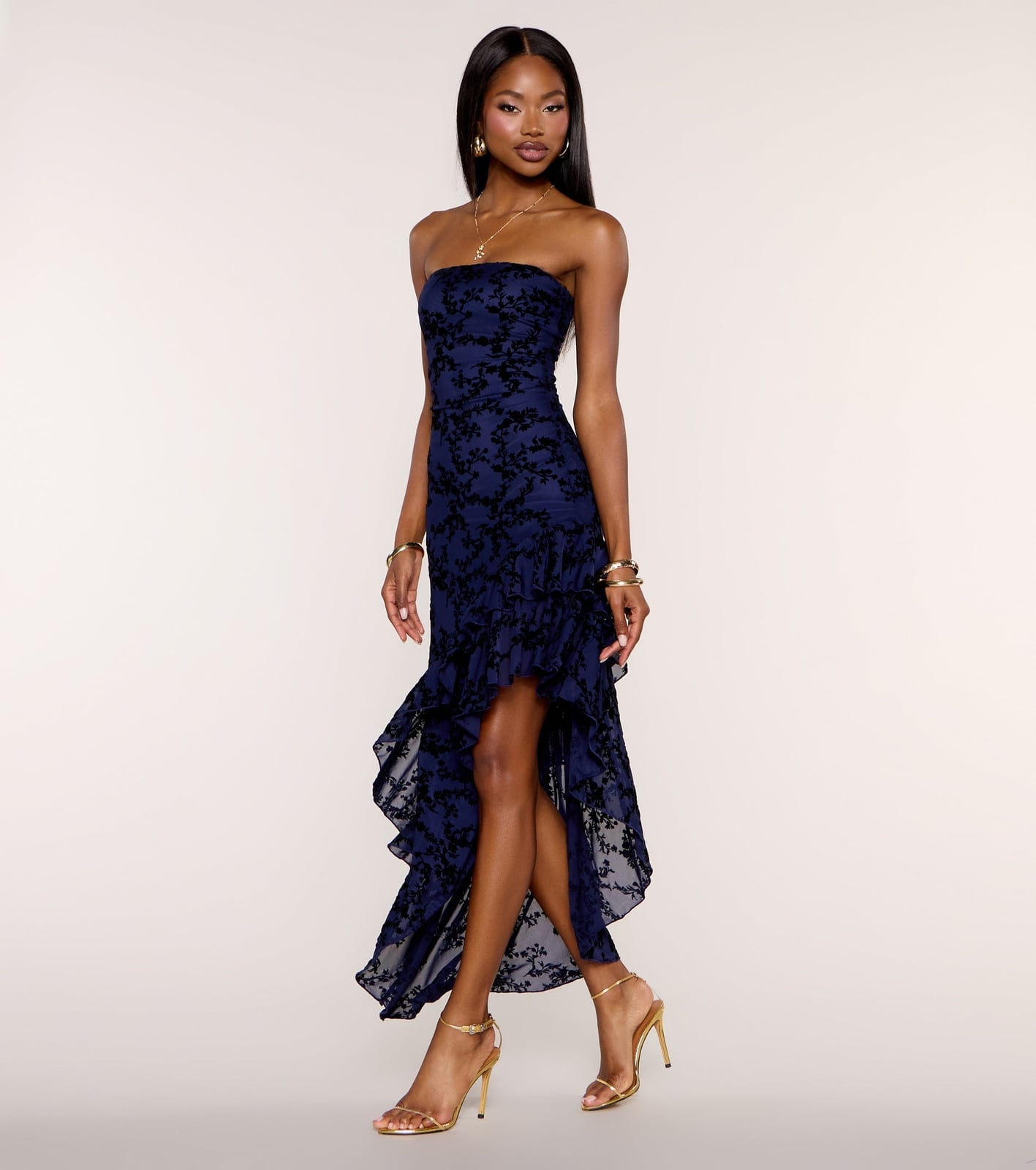 Navy Blue Strapless Dress with Ruffled High-Low Hem Navy Blue Strapless Dress with Ruffled High-Low Hem — Ruffle Dresses