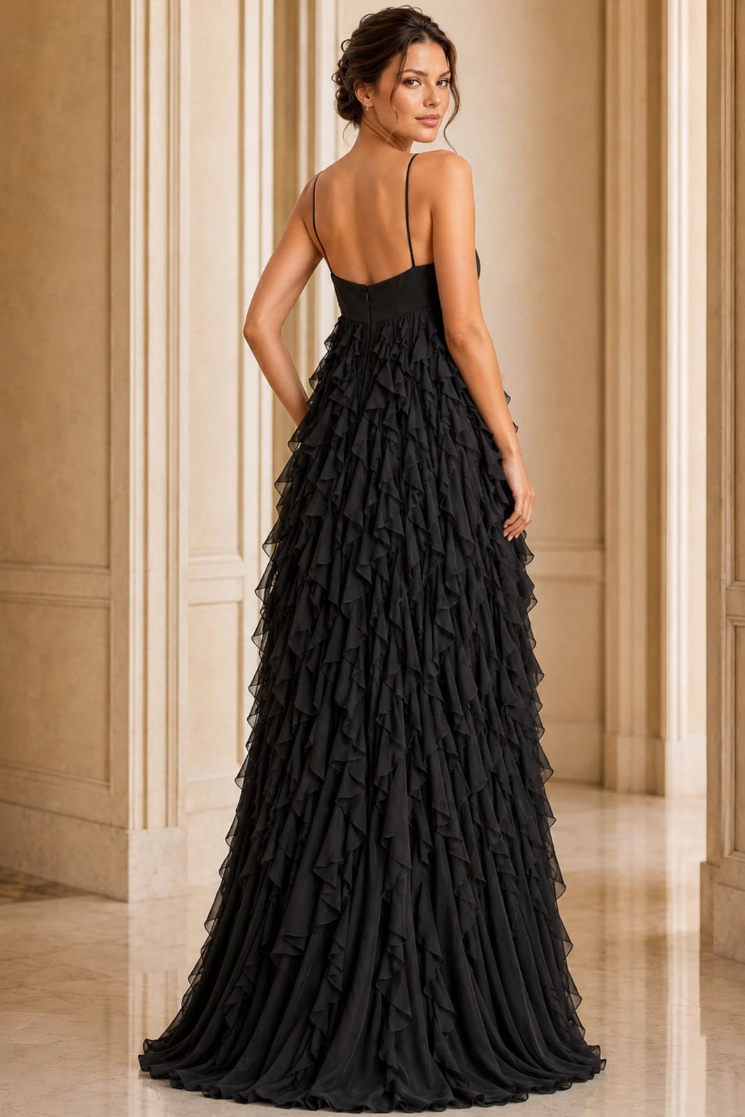 Black A-Line Gown with Cascading Tulle Ruffle Skirt Black A-Line Gown with Cascading Tulle Ruffle Skirt — Ruffle Dresses