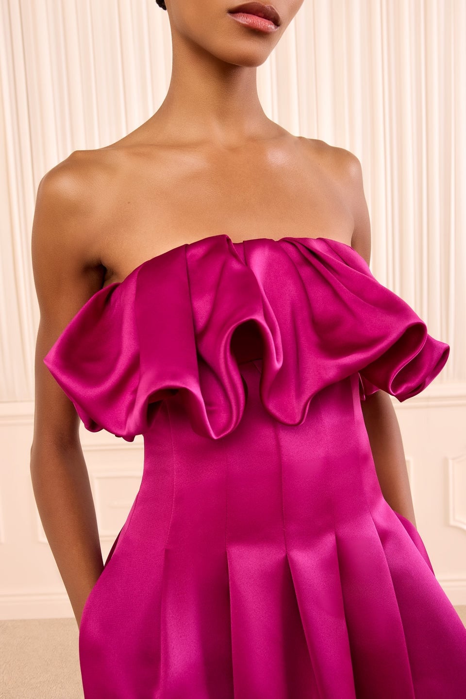 Fuchsia Satin Strapless Dress with Oversized Ruffled Neckline Fuchsia Satin Strapless Dress with Oversized Ruffled Neckline — Ruffle Dresses