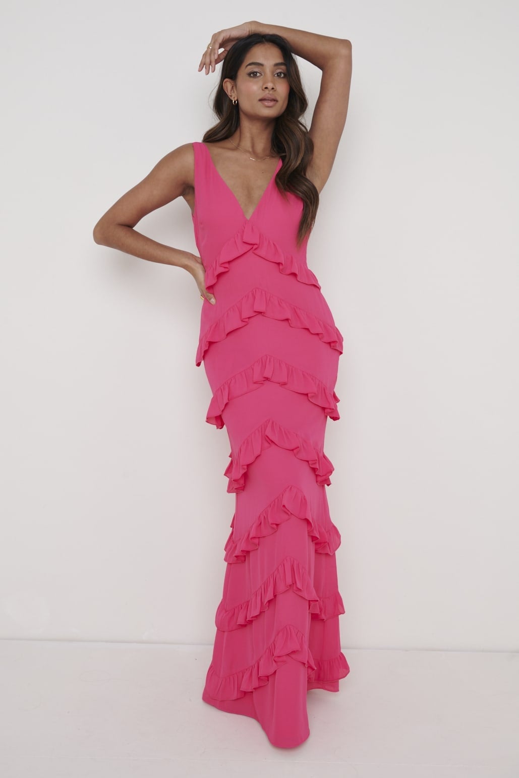 Hot Pink Tiered Ruffle Maxi Dress with Deep V-Neck Hot Pink Tiered Ruffle Maxi Dress with Deep V-Neck — Ruffle Dresses