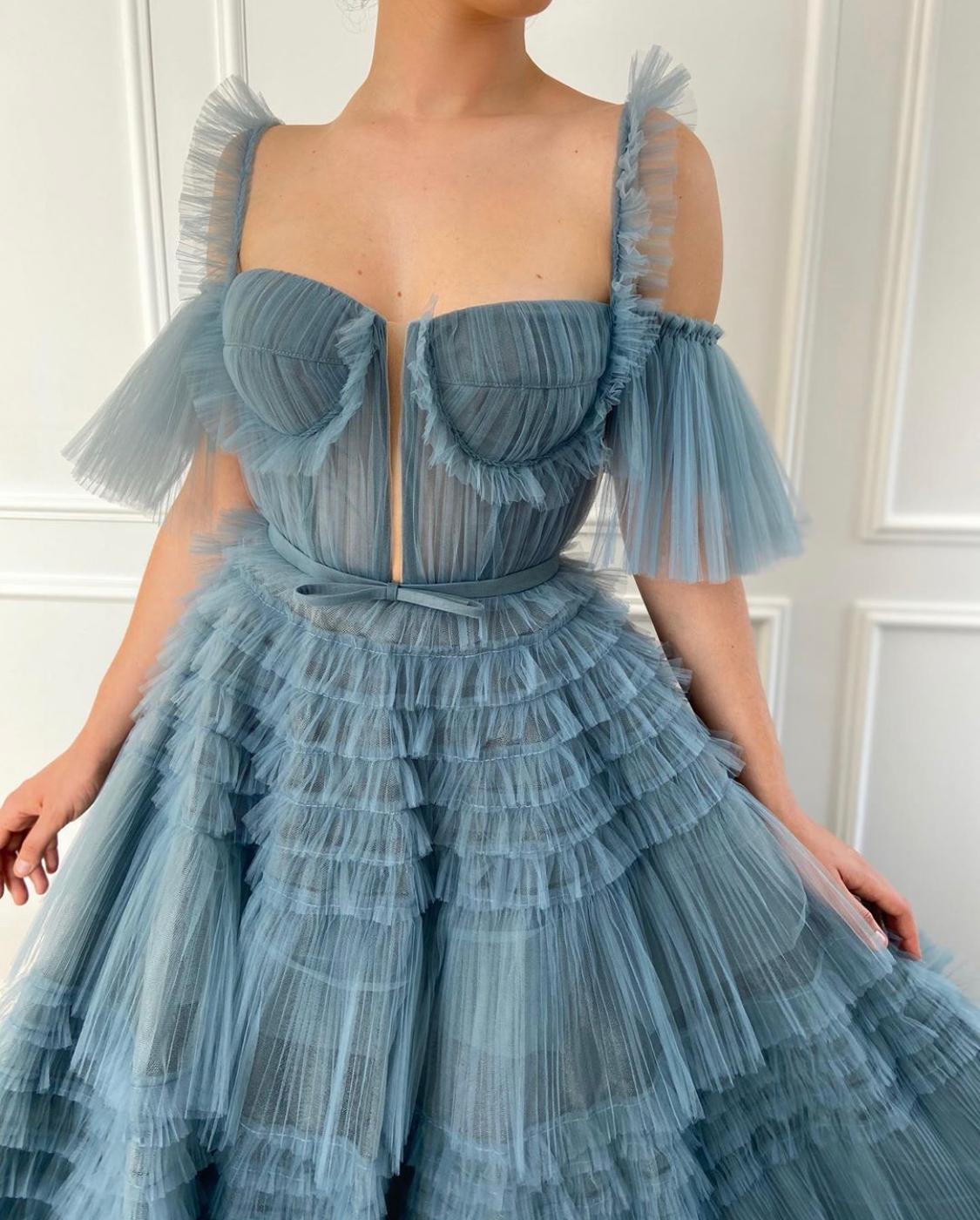 Dusty Blue Tiered Tulle Dress with Off-Shoulder Sleeves Dusty Blue Tiered Tulle Dress with Off-Shoulder Sleeves — Ruffle Dresses