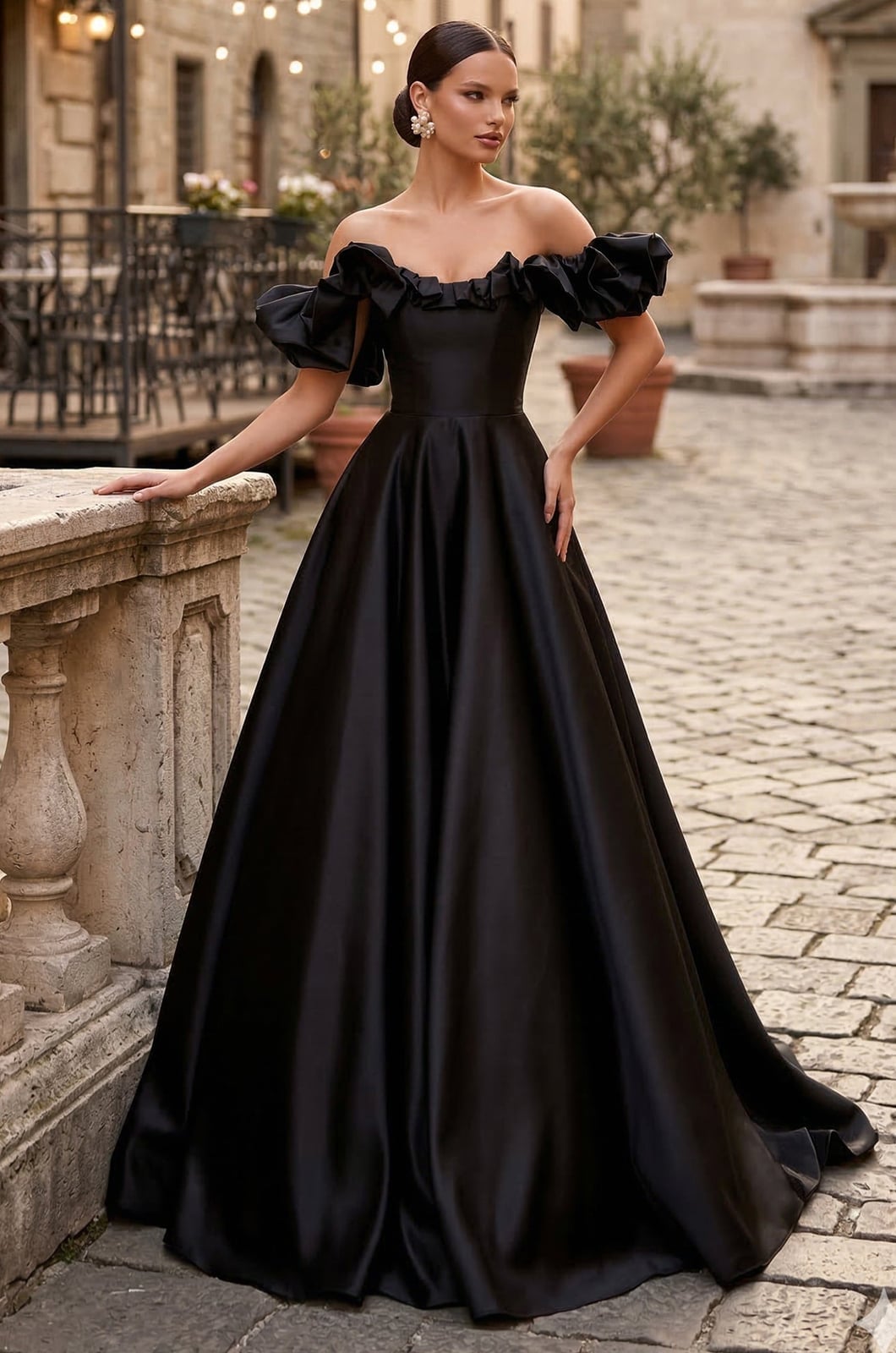 Black Satin Ball Gown with Dramatic Ruffle Sleeves Black Satin Ball Gown with Dramatic Ruffle Sleeves — Ruffle Dresses