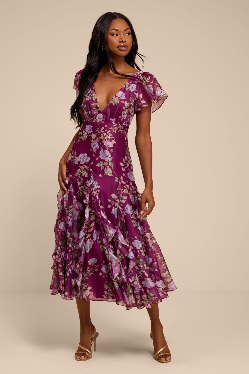Purple and Pink Floral Midi Dress with Flutter, Everyday Version Purple and Pink Floral Midi Dress with Flutter, Everyday Version — Ruffle Dresses