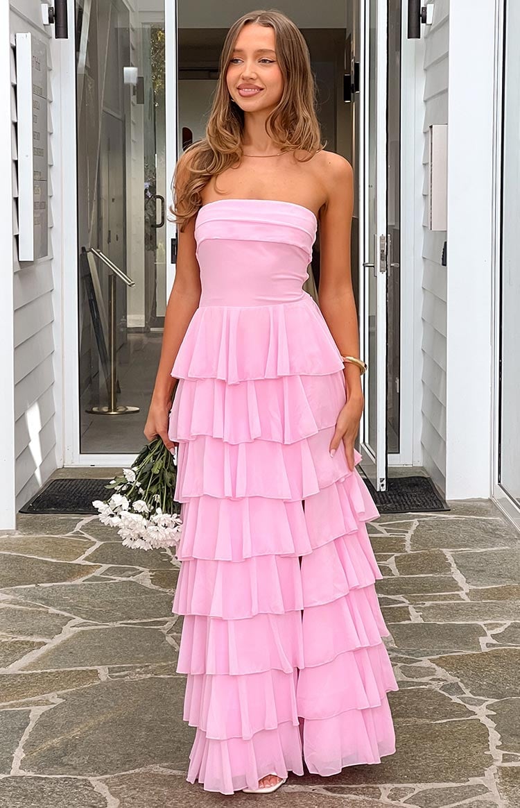 Bright Pink Strapless Maxi Dress with Voluminous Ruffles Bright Pink Strapless Maxi Dress with Voluminous Ruffles — Ruffle Dresses