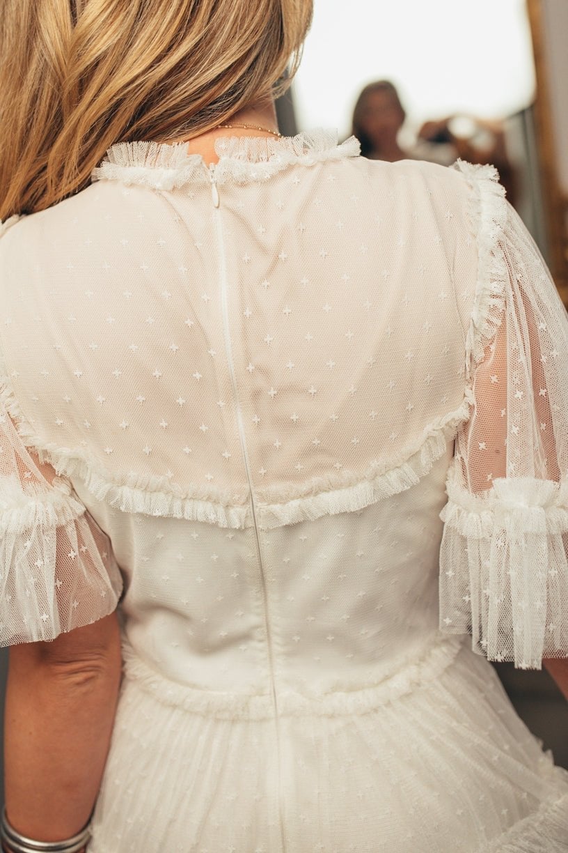 Off-White Dress with Ruffled Collar and Sheer Flutter Sleeves Off-White Dress with Ruffled Collar and Sheer Flutter Sleeves — Ruffle Dresses