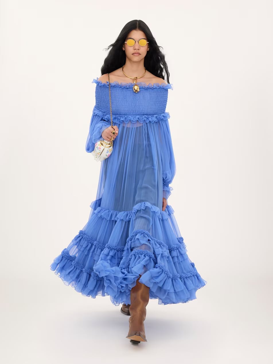 Blue Sheer Maxi Dress with Tiered Ruffled Skirt Blue Sheer Maxi Dress with Tiered Ruffled Skirt — Ruffle Dresses