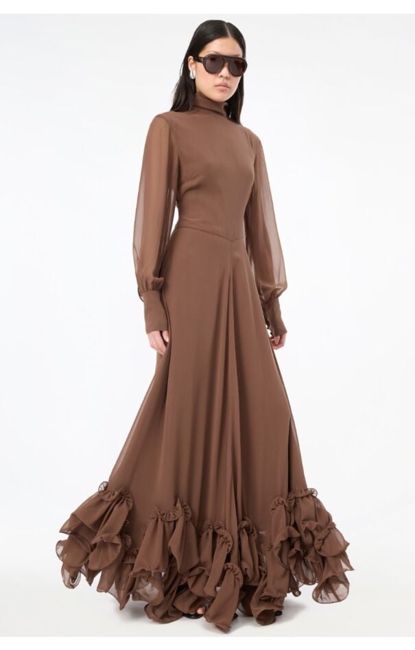 Brown Chiffon Turtleneck Maxi Dress with Ruffled Hem Brown Chiffon Turtleneck Maxi Dress with Ruffled Hem — Ruffle Dresses