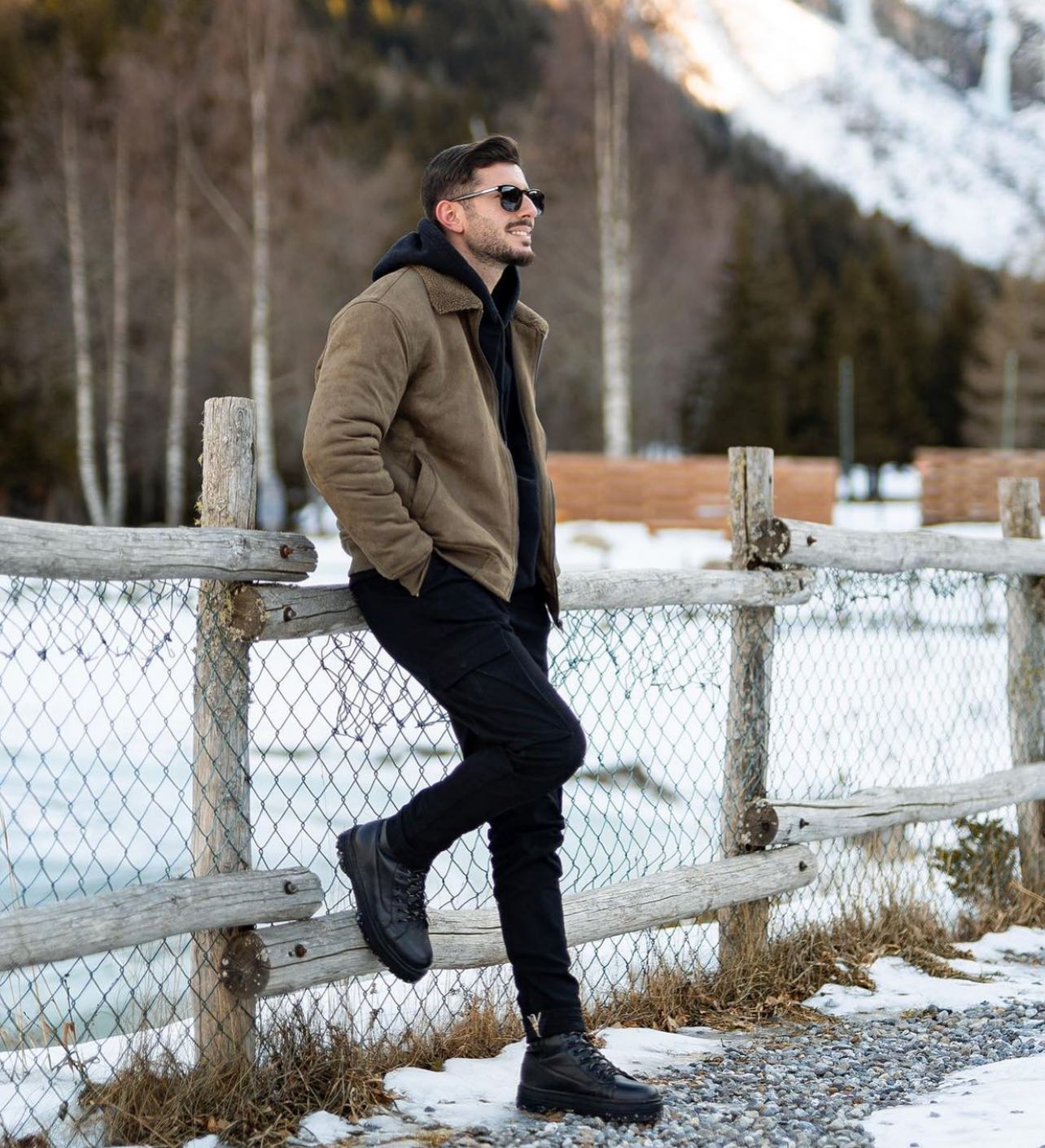 Rugged Winter Layers With Suede Bomber Jacket