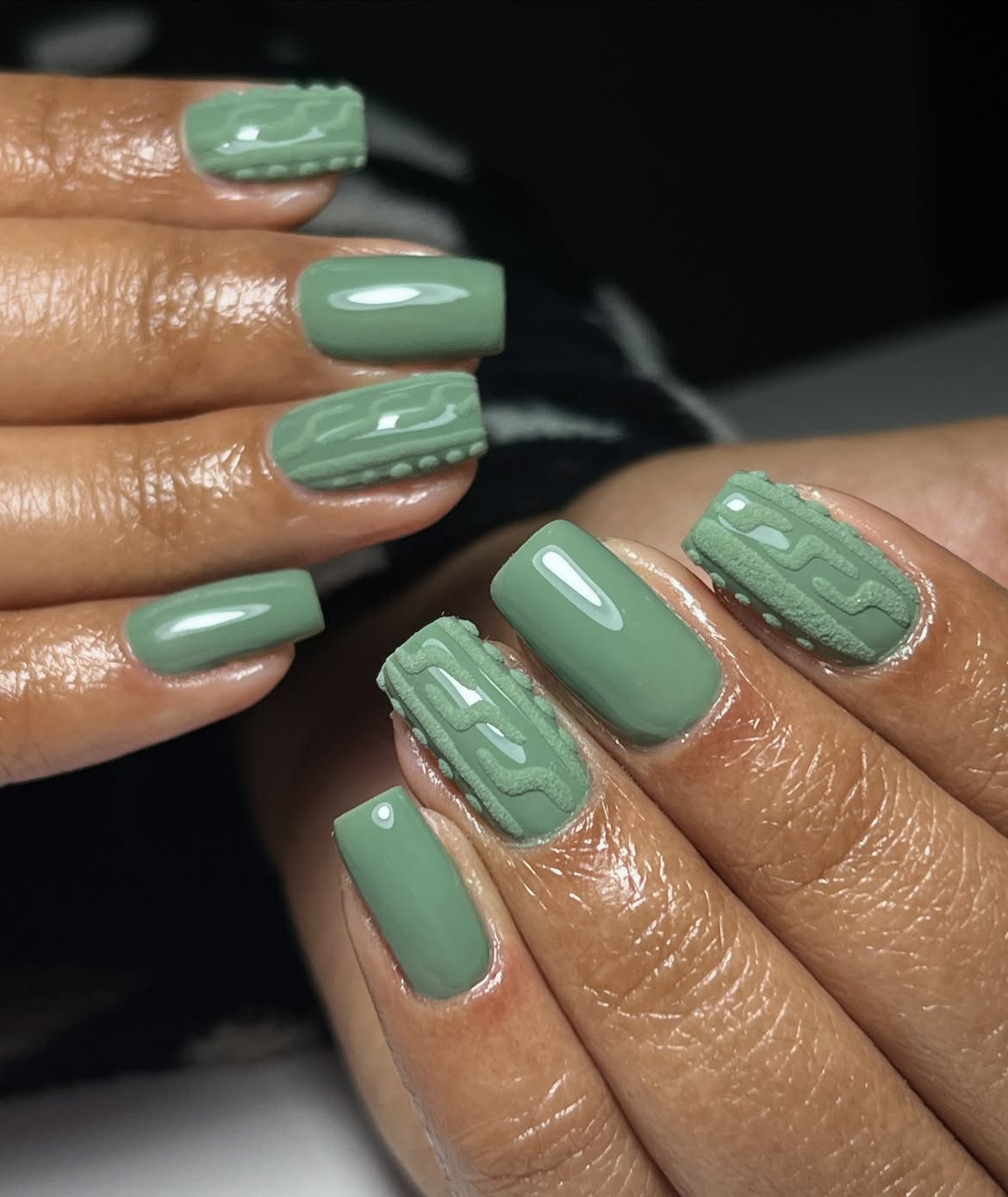 Sage Green Sweater Nail Art with Glossy Accents