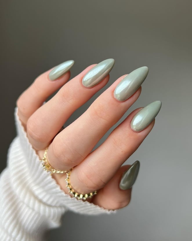 Milky Shimmer Sage Green Long Almond Nails Milky Shimmer Sage Green Long Almond Nails — Sage Nails