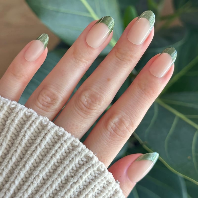 Modern Shimmery Sage Green French Tip Medium Almond Nails Modern Shimmery Sage Green French Tip Medium Almond Nails — Sage Nails