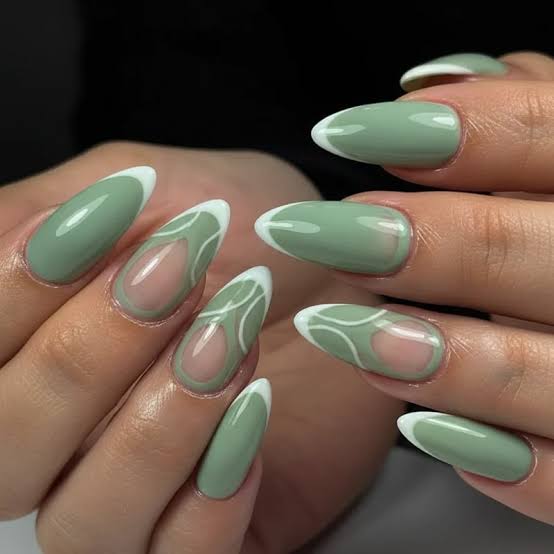 Abstract Sage Green Lines Sheer Pink Medium Almond Nails Abstract Sage Green Lines Sheer Pink Medium Almond Nails — Sage Nails