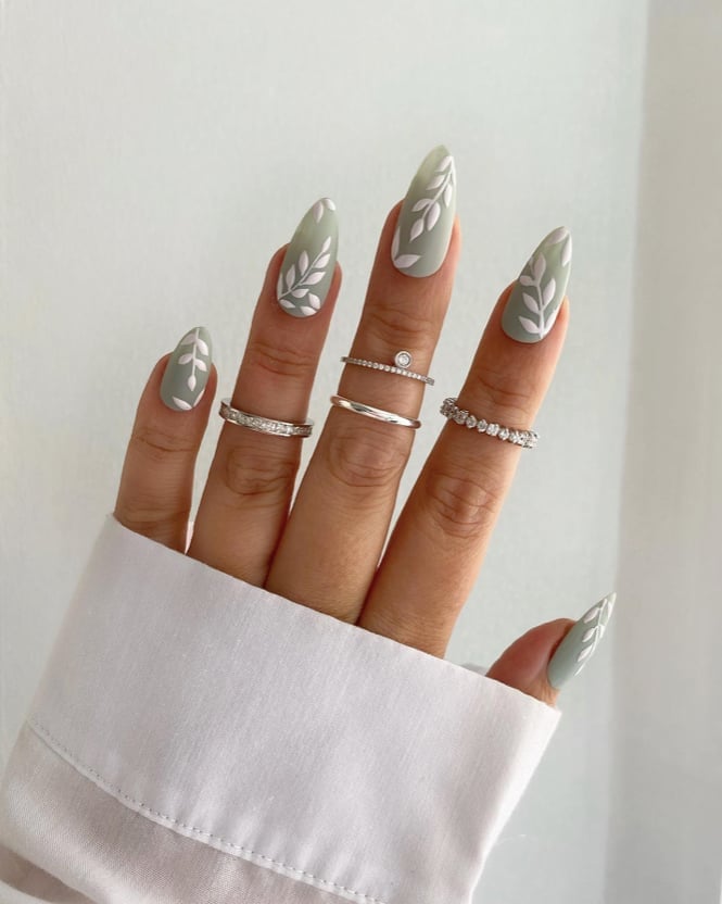 Matte Sage Green White Leaf Art Long Stiletto Nails Matte Sage Green White Leaf Art Long Stiletto Nails — Sage Nails