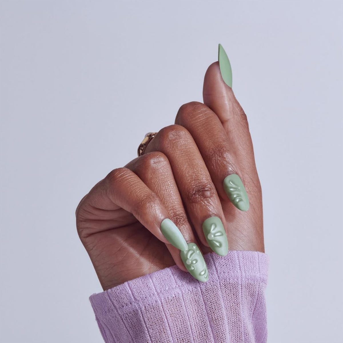 3D Floral Matte Muted Sage Green Long Almond Nails 3D Floral Matte Muted Sage Green Long Almond Nails — Sage Nails