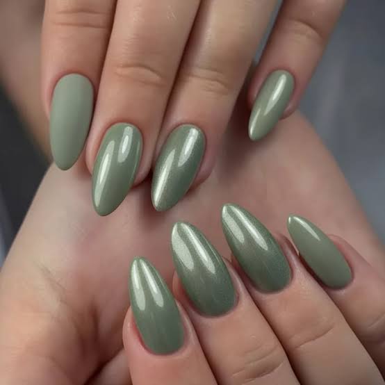 Subtle Shimmer Muted Sage Green Medium Almond Nails Subtle Shimmer Muted Sage Green Medium Almond Nails — Sage Nails