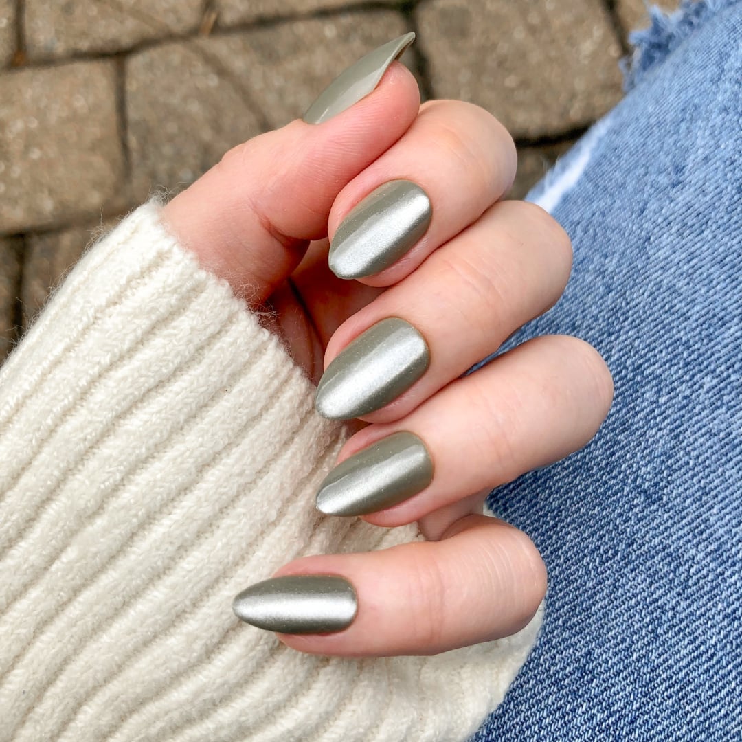 Satin Finish Silver Green Medium Almond Nails Satin Finish Silver Green Medium Almond Nails — Sage Nails