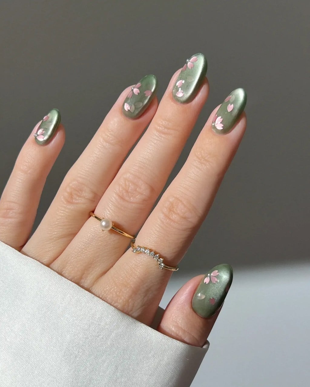 Pink Floral Decals Milky Chrome Short Almond Nails Pink Floral Decals Milky Chrome Short Almond Nails — Sage Nails
