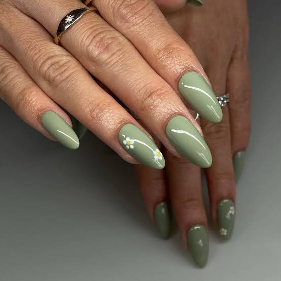 Delicate Floral Art Glossy Sage Green Almond Nails Delicate Floral Art Glossy Sage Green Almond Nails — Sage Nails