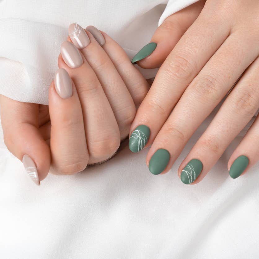 Matte Glossy Mix Finish White Line Art Oval Nails Matte Glossy Mix Finish White Line Art Oval Nails — Sage Nails