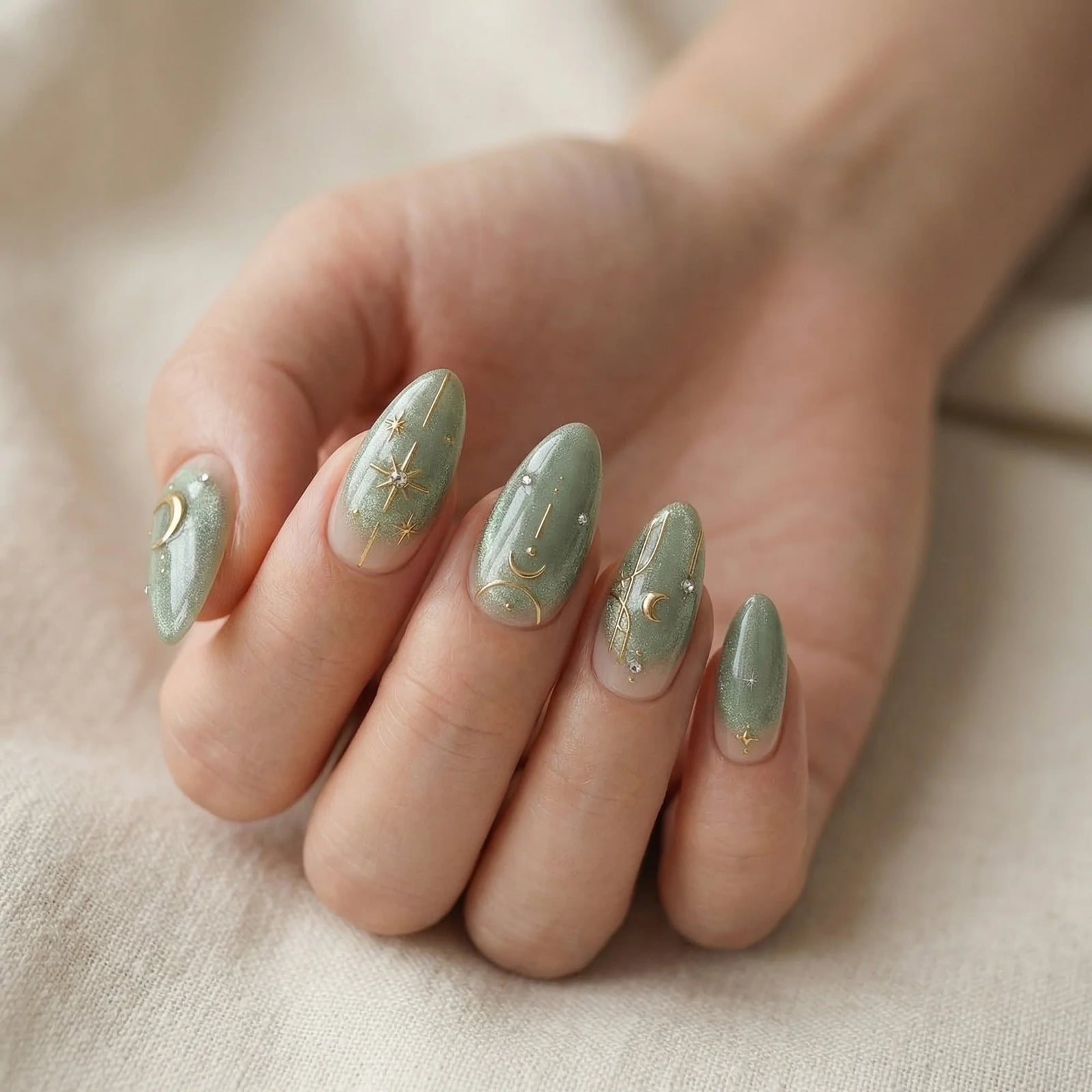 Celestial Gold Accents Shimmery Sage Green Almond Nails Celestial Gold Accents Shimmery Sage Green Almond Nails — Sage Nails