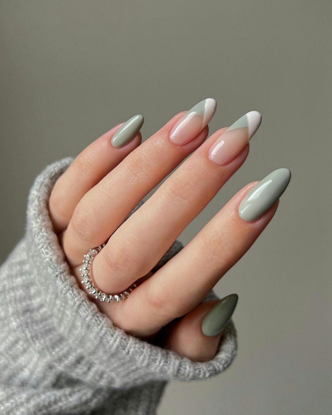 Modern French Muted Sage Green and White Long Almond Nails Modern French Muted Sage Green and White Long Almond Nails — Sage Nails
