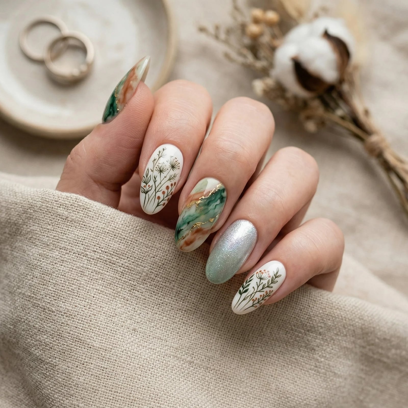 Abstract Marble Gold Foil Medium Almond Nails Abstract Marble Gold Foil Medium Almond Nails — Sage Nails