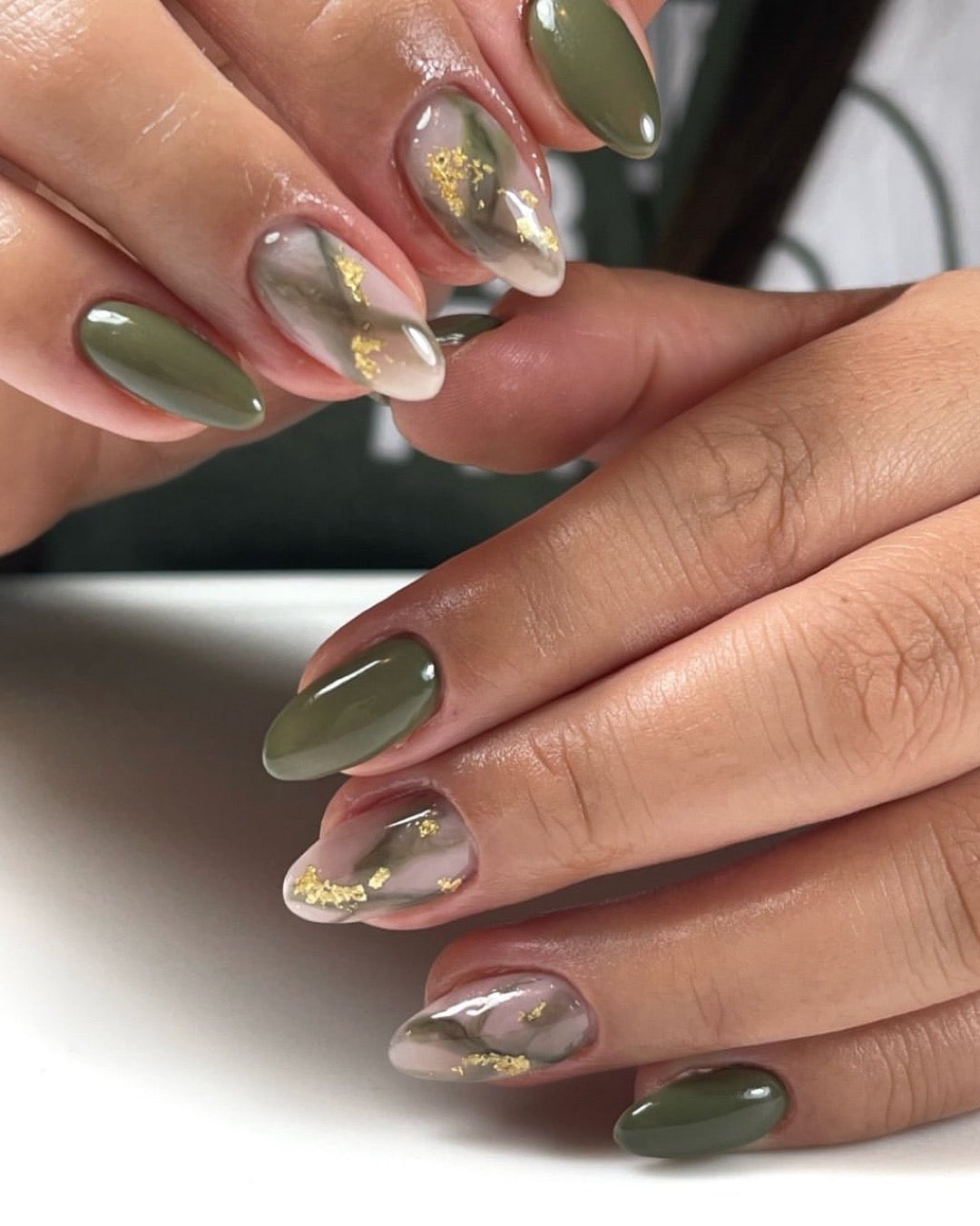 Glossy Marbled Dark Green and Beige Oval Nails Glossy Marbled Dark Green and Beige Oval Nails — Sage Nails