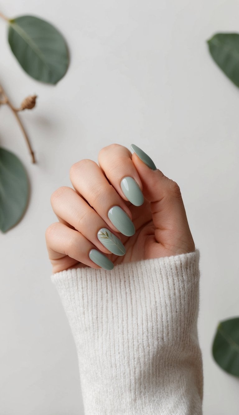 Minimalist Leaf Illustration Dusty Sage Green Almond Nails Minimalist Leaf Illustration Dusty Sage Green Almond Nails — Sage Nails